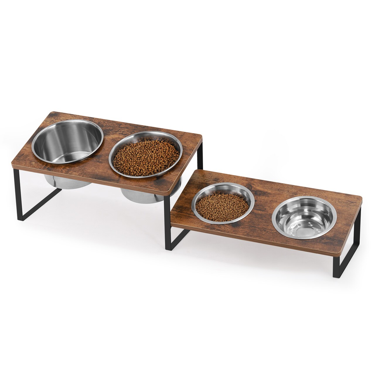 4 Bowl Large Capacity Elevated Dog Bowl Stand, Rustic Wood Grain Tilt Raised Stainless Steel Pet Feeding Dishes